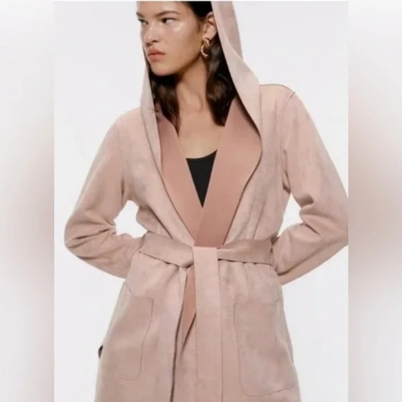 Zara Light Pink Faux Suede Hooded Raw Edge Front Belted Zara Jacket M - Picture 1 of 7